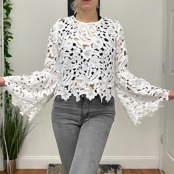 DECJUBA Bell Sleeve Eyelet Floral Lace Top Blouse Size 10 White - Picture 3 of 11